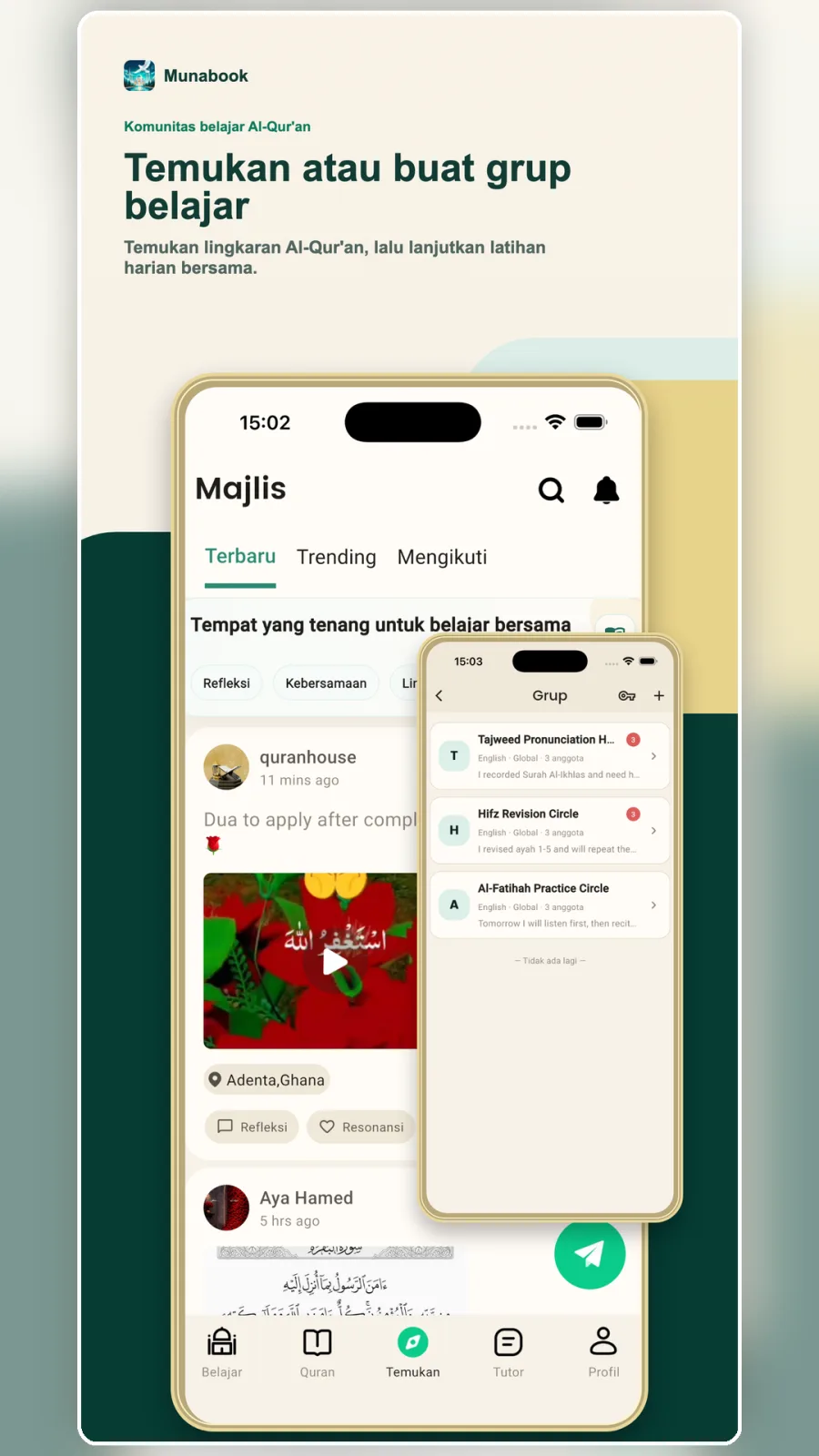Belajar Al-Qur'an online dengan tutor ahli. Pelajaran 1-on-1 yang dipersonalisasi dan interaksi komunitas.