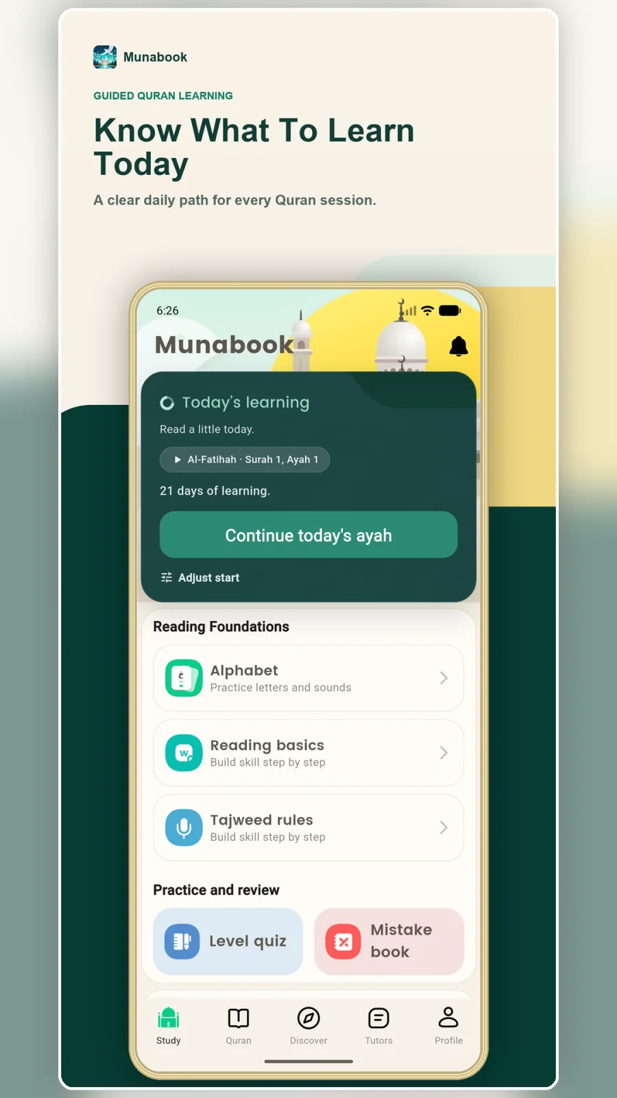 Munabook current daily Quran learning path and Reading Foundations