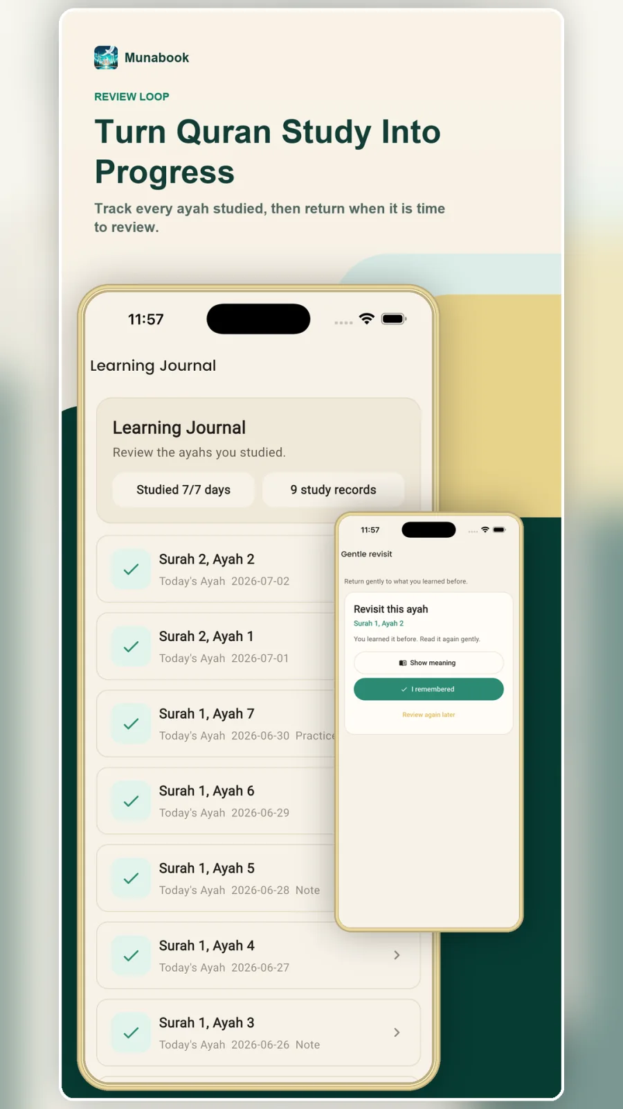 Munabook current Quran learning journal and review screen